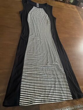 Go Couture Black Midi Dress with Black & White Striped Panel.Made in USA.
